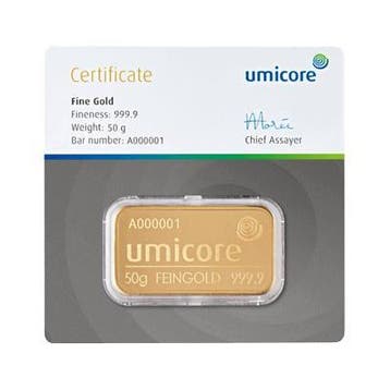 Umicore goudbaar 50 gram (LBMA certificaat), Postzegels en Munten, Edelmetalen en Baren, Verzenden, Goud