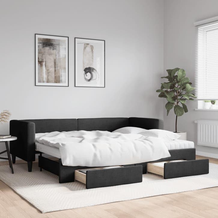 vidaXL Slaapbank met onderschuifbed en lades 80x200 cm stof, Huis en Inrichting, Slaapkamer | Bedden, 80 cm, 200 cm, Zwart, Eenpersoons