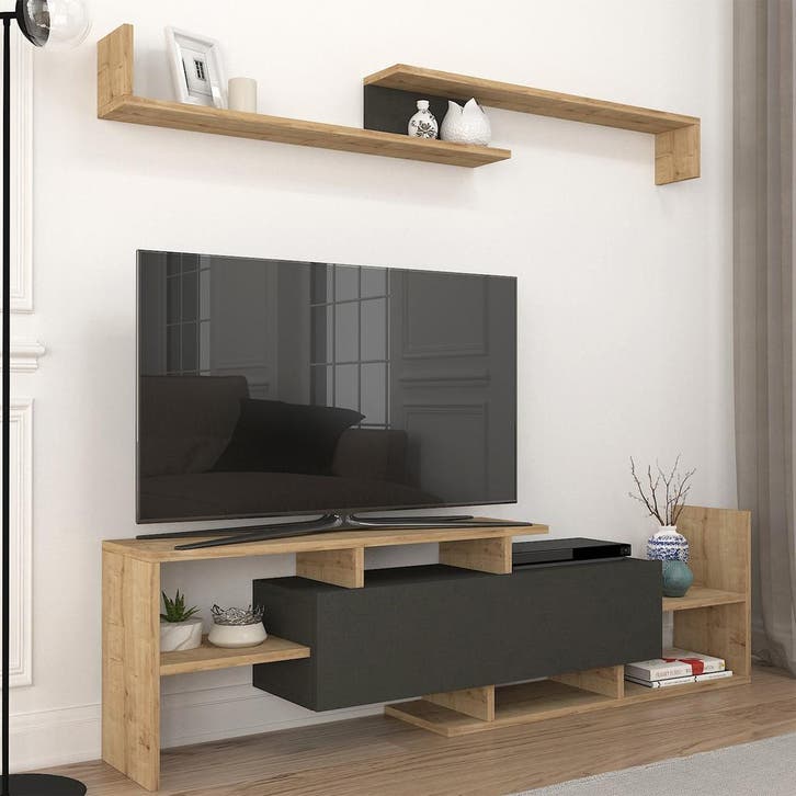 Tv-meubelset Liksefte met wandrek saffier eiken en zwart 154, Huis en Inrichting, Kasten | Dressoirs, Verzenden