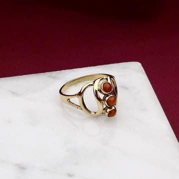 Gouden ring met bloedkoraal, Gebruikt, Ophalen of Verzenden, Kleiner dan 17, Met edelsteen
