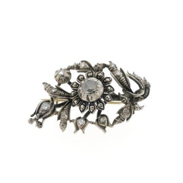 Zilveren Art-Nouveau broche gezet met roos geslepen diama..., Gebruikt, Ophalen of Verzenden, Met edelsteen, Zilver