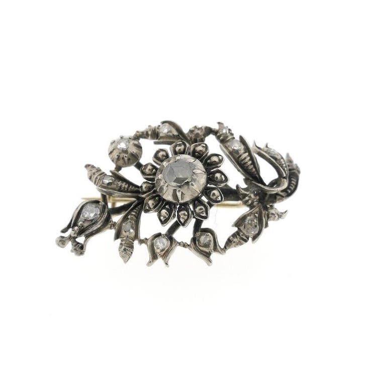 Zilveren Art-Nouveau broche gezet met roos geslepen diama..., Sieraden, Tassen en Uiterlijk, Broches, Zilver, Gebruikt, Met edelsteen