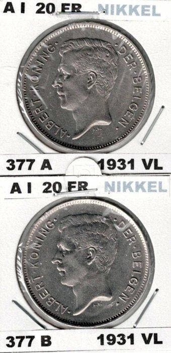België. Albert I. 20 Francs 1931VL morin 377A + 377B in, Postzegels en Munten, Munten | Nederland