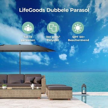 2dekans | LifeGoods Dubbele Parasol - 270x460cm - Waterdicht, Ophalen of Verzenden, Zo goed als nieuw