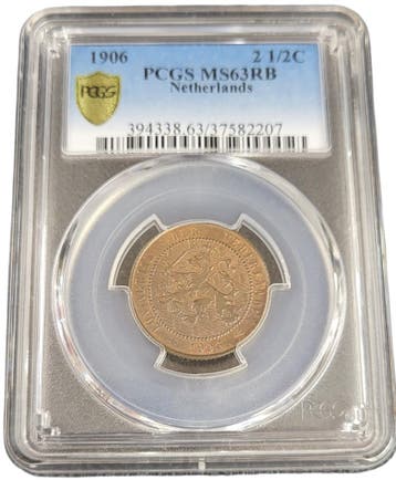 Koningin Wilhelmina 2 1/2 cent 1906 MS63 Red Brown PCGS, Verzenden, Koningin Wilhelmina, Losse munt