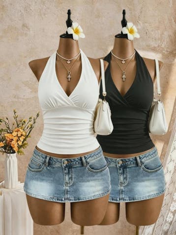 2-Pack Dames Crop Top met Halternek, Diepe V-hals en Ruches, Verzenden