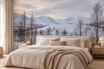 Fotobehang winterlandschap – bergen en berken, Verzenden, Fotobehang
