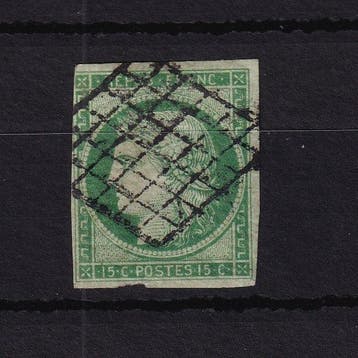 Frankrijk 1850 - Cote 1.100€, Cérès 15ct groen - Yvert n°2, Gestempeld