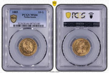 Gouden Willem III 10 gulden 1885 MS66 PCGS gecertificeerd, Koning Willem III, Verzenden, Goud, Losse munt