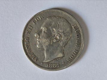 Spanje. Alfonso XII. 5 Pesetas 1884*84 MSM (Zonder
