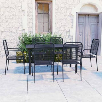 vidaXL 7-delige Tuinset glas en staal zwart, Tuin en Terras, Verzenden, 6 zitplaatsen, Nieuw, Rvs