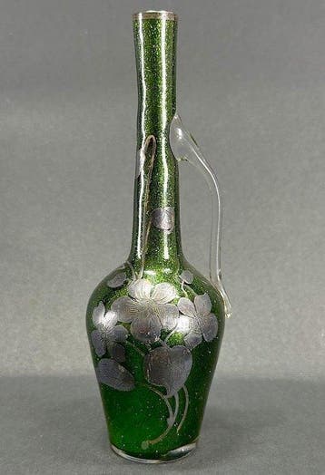 Vaso Art Nouveau Vetro Verde e Argento (Silver Overlay) -