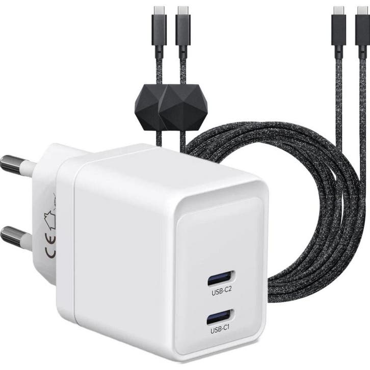 Snellader met 2x USB-C Poorten + 2x Stevige USB C Kabel 3, Telecommunicatie, Mobiele telefoons | Telefoon-opladers, Ophalen of Verzenden