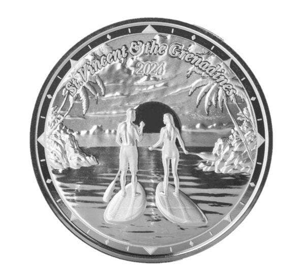 EC8 - St. Vincent and Grenadines Paddleboard Couple 1 oz, Postzegels en Munten, Munten | Amerika, Losse munt, Zilver, Verzenden