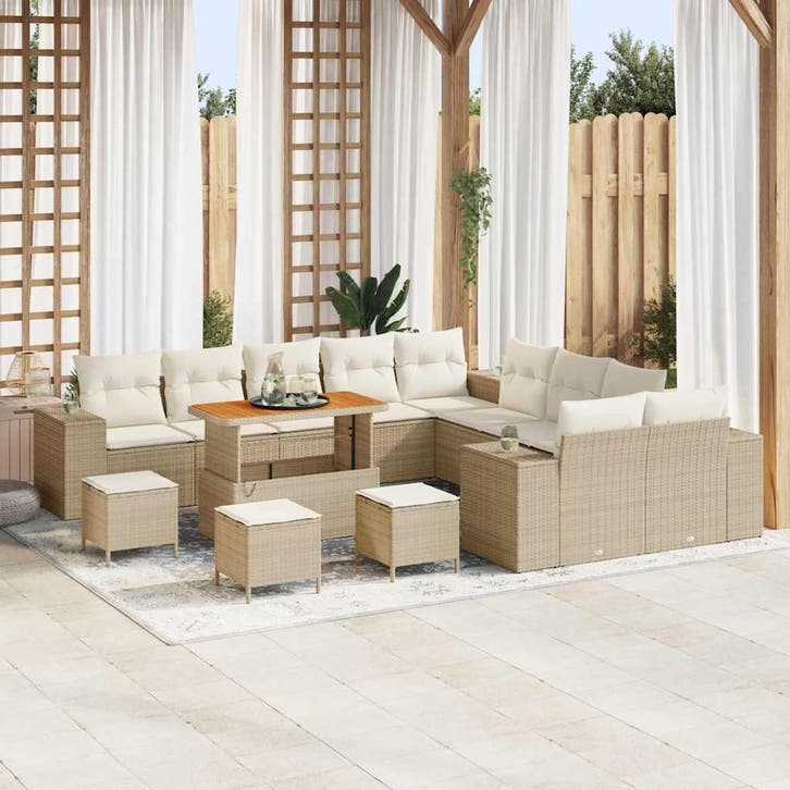 vidaXL Tuin Sofa Set met kussen 14 pcs Beige en Crème poly, Tuin en Terras, Tuinsets en Loungesets, Nieuw, 4 zitplaatsen, Rotan