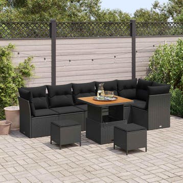 vidaXL Tuinbankenset 9 st Zwart poly rattan, Verzenden, Nieuw, Rotan, Meer dan 8 zitplaatsen
