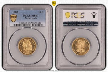 Gouden Willem III 10 gulden 1885 MS67 PCGS gecertificeerd, Koning Willem III, Verzenden, Goud, Losse munt