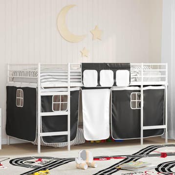 vidaXL Bunkbed voor kinderen met gordijnen Wit en zwart 107, Verzenden, Nieuw, Wit, Metaal