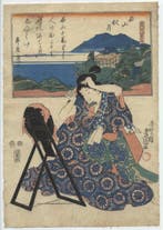 Vrouw aan de toilette - spiegel - 1850 - Papier - Utagawa