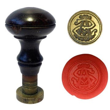 Antique Turned Wood and Brass Wax Seal Stamp with Monogram -