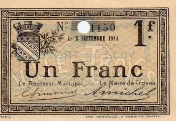 France Komitat 10 Troyes 1 Francs 08/09/1914, Verzenden