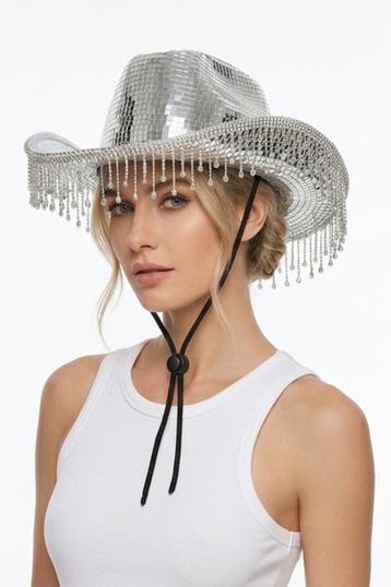 KIMU® Cowboyhoed Spiegeltjes Fringe Zilver Disco Hoed Franje, Hobby en Vrije tijd, Ophalen of Verzenden, Nieuw, Feestartikel, Carnaval