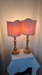 Tafellamp (2) - Hout, Goud, Textiel, Metaal - Paar lampen