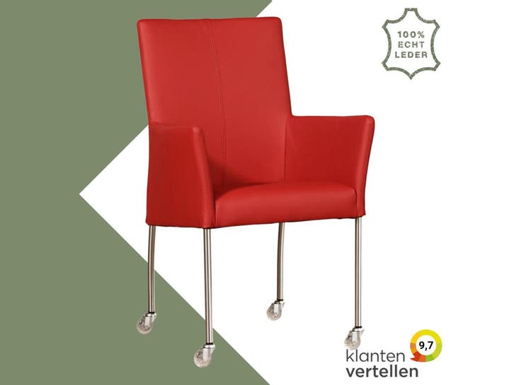 Leren eetkamerstoel Comfort met wieltjes en armleuning -, Huis en Inrichting, Stoelen, Eén, Rood, Nieuw, Leer, Ophalen of Verzenden