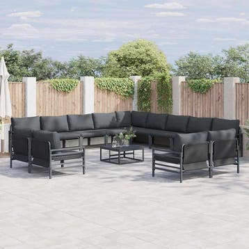 vidaXL Tuinbankenset met kussen 13 pcs Zwart Staal, Verzenden, Nieuw, Rvs, 3 zitplaatsen