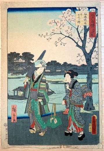 Cherry Blossoms on the Mukojima Embankment and Sakura Mochi, Antiek en Kunst