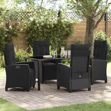 vidaXL Tuin eettafelset met kussen 5 pcs Zwart poly rattan, Tuin en Terras, Verzenden, Nieuw, Rotan, 5 zitplaatsen