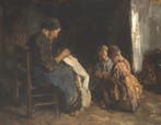 Hein Kever (1854-1922), Interieur met handwerkende moeder, Antiek en Kunst, Kunst | Schilderijen | Klassiek