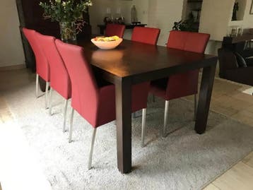 Set van 6 leren eetkamerstoelen - rood leer, Huis en Inrichting, Stoelen, Ophalen of Verzenden, Nieuw, Leer