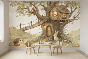 Boomhut behang kinderkamer – sprookjesbos fotobehang, Verzenden, Fotobehang