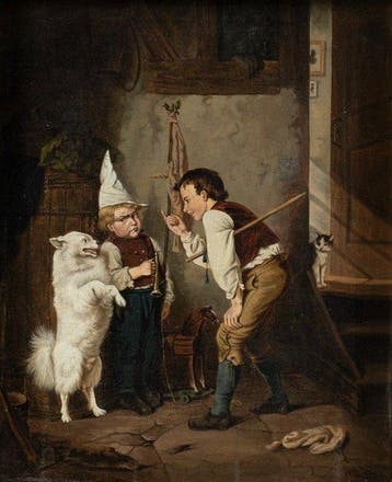 German school (XIX) - Two children training a dog