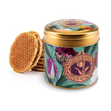 Blik met 8 stroopwafels tulpen groen embossed, Ophalen of Verzenden, Nieuw