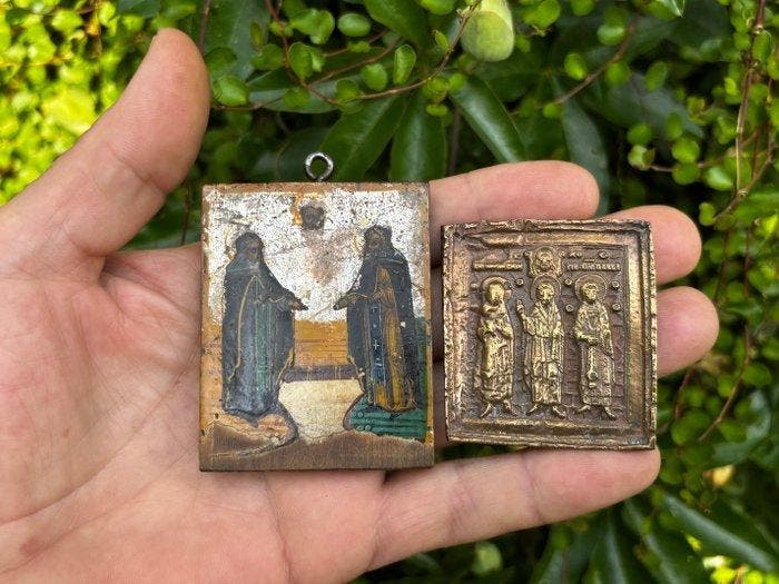 Reis-icoon - hout en metaal - Russisch 19e eeuw, Antiek en Kunst, Kunst | Niet-Westerse kunst
