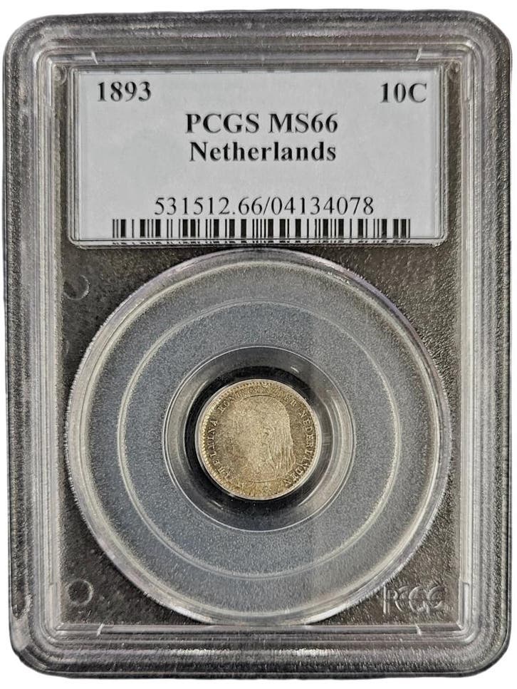Koningin Wilhelmina 10 cent 1893 MS66 PCGS gecertificeerd, Postzegels en Munten, Munten | Nederland, Losse munt, 10 cent, Koningin Wilhelmina