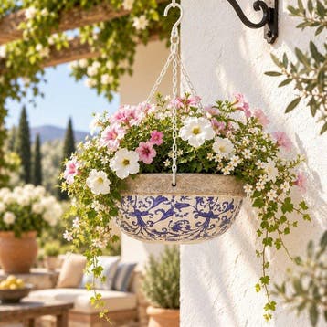 Bloempot - Aged Ceramic hangende bloempot – Blauw-wit