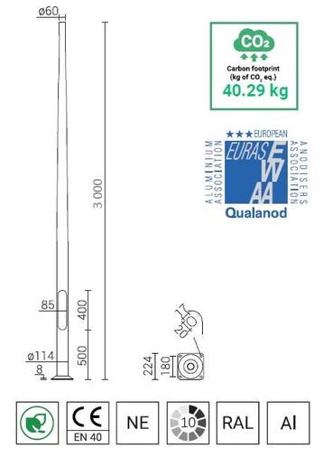 3 meter lantaarnpaal / lichtmast met voetplaat geanodise..., Nieuw