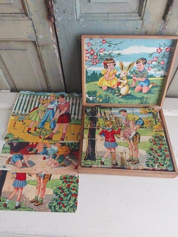 Ongemerkt - Speelgoed Oude houten blokpuzzel in houten kist