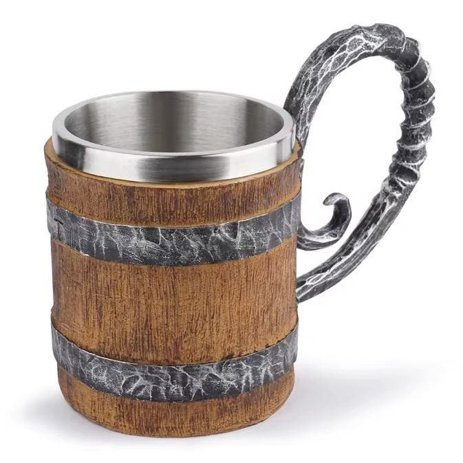 Viking Biermok Houten Vat Stijl RVS Dubbelwandige Mok, Verzamelen, Biermerken, Nieuw, Verzenden