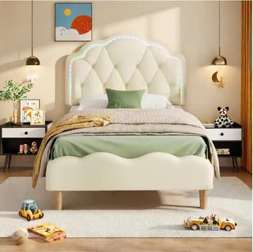 Kinderbed 90x200 cm – Gestoffeerd LED Bed met Golfhoofdeinde, Verzenden, Nieuw