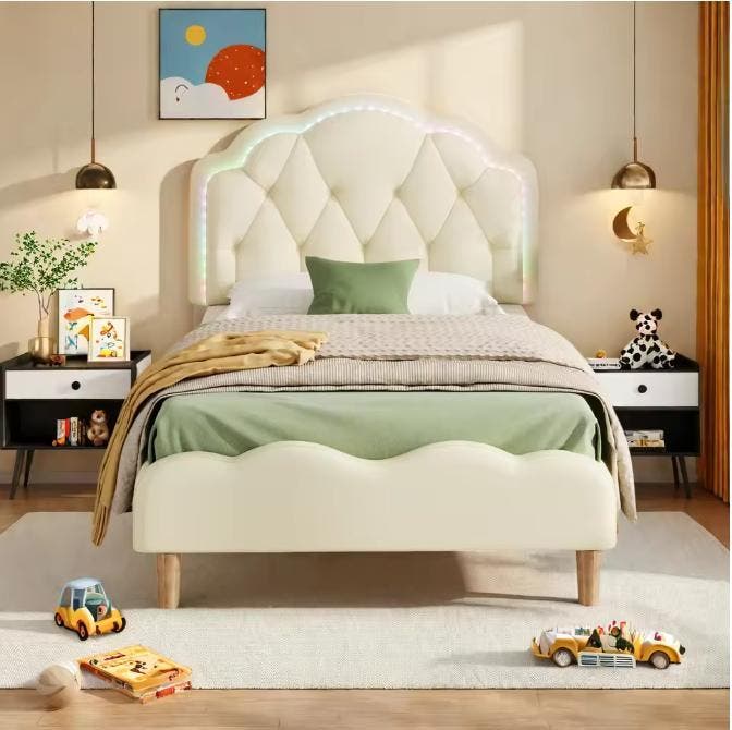 Kinderbed 90x200 cm – Gestoffeerd LED Bed met Golfhoofdeinde, Kinderen en Baby's, Kinderkamer | Bedden, Nieuw, Verzenden