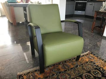 Leren fauteuil met stalen frame - groen leer, Huis en Inrichting, Ophalen of Verzenden, Nieuw, Leer