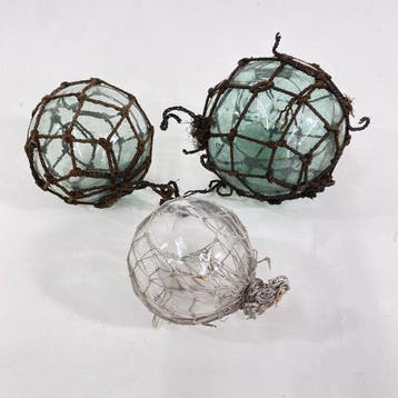 Set van 3 vintage glazen visdrijvers - glas, touw - Not