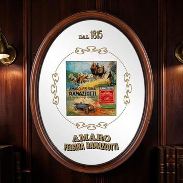 Advertentiefiguur - Hout, Glas, Ovale reclamespiegel Amaro