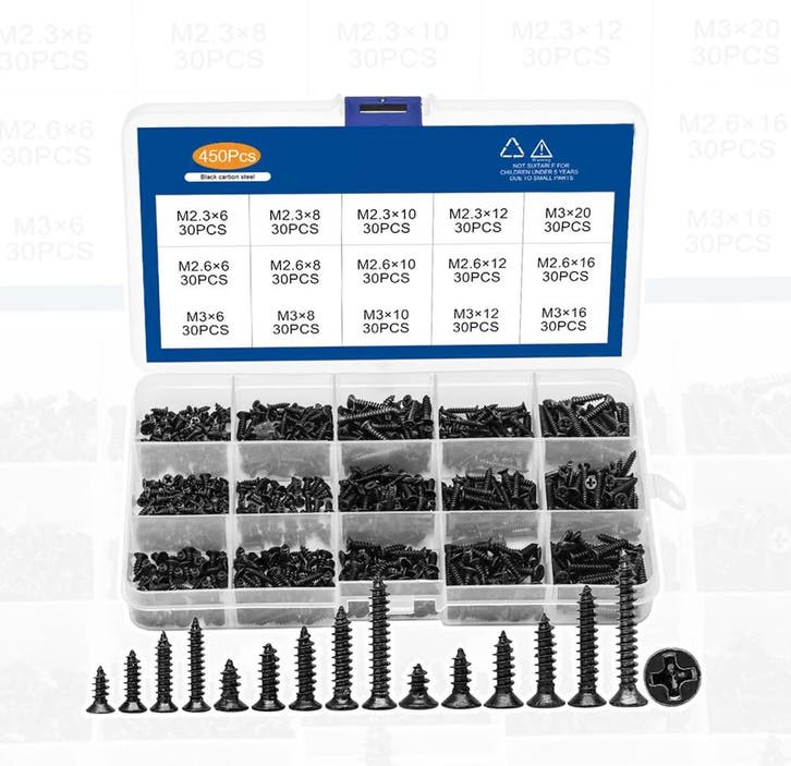 Set van 450 mini schroefjes (2.3, 2.6, 3.0 mm, verzonken, z, Doe-het-zelf en Verbouw, Gereedschap | Handgereedschap, Nieuw, Ophalen of Verzenden