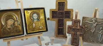 Reis-icoon - Verguld metalen oklad, hout, handgeweven, Antiek en Kunst