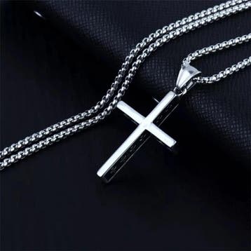 Lange heren ketting Cross zilverkleurig met kleine kruisjes, Sieraden, Tassen en Uiterlijk, Kettingen, Verzenden, Nieuw, Zilver